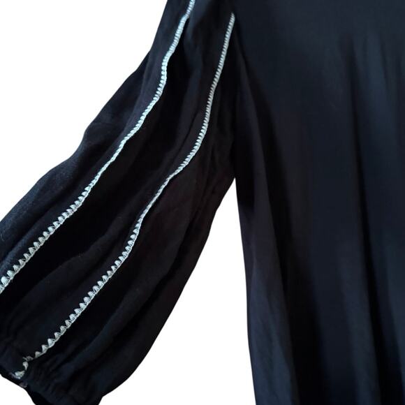 J.Jill Black Puff Sleeve Top White Stitching Bohemian Cottagecore XS - Picture 3 of 7